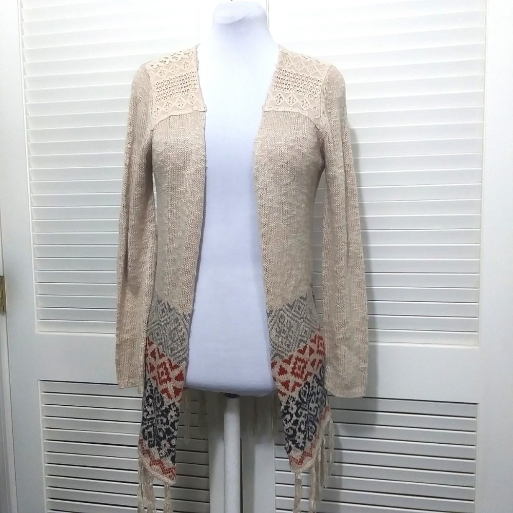 Jolt Cardigan Sweater Boho Fringe Lace Detail Open Front Womens Medium